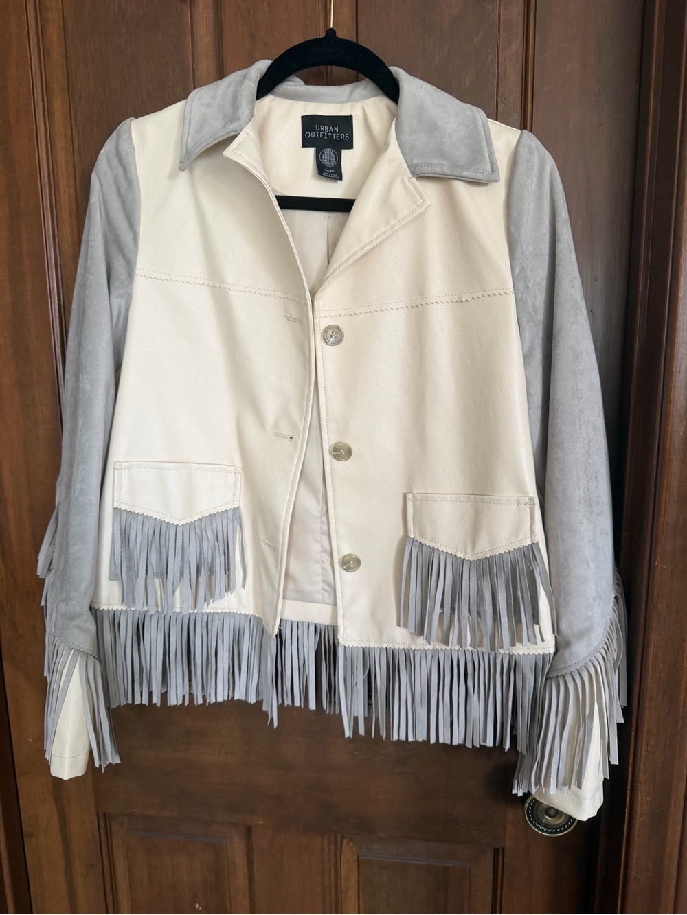Urban Outfitters Cream and Light Gray Fringe Suede Jacket